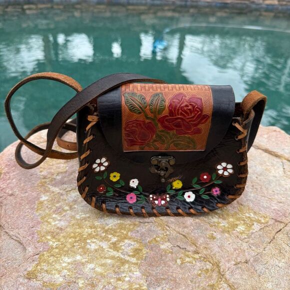 Vintage Mexican Boho Tooled Leather Crossbody Purse Bag - Picture 1 of 7